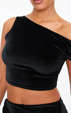 Discount PrettyLittleThing Tall Velvet Asymmetric Crop Top Black