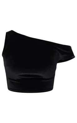 Discount PrettyLittleThing Tall Velvet Asymmetric Crop Top Black