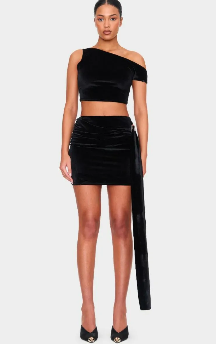 Sale PrettyLittleThing Tall Velvet Buckle Detail Mini Skirt Black