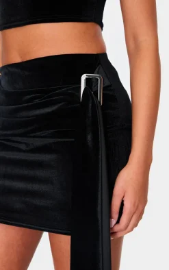Sale PrettyLittleThing Tall Velvet Buckle Detail Mini Skirt Black