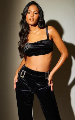 Discount PrettyLittleThing Tall Velvet Diamante Buckle Crop Top Black