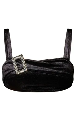 Discount PrettyLittleThing Tall Velvet Diamante Buckle Crop Top Black