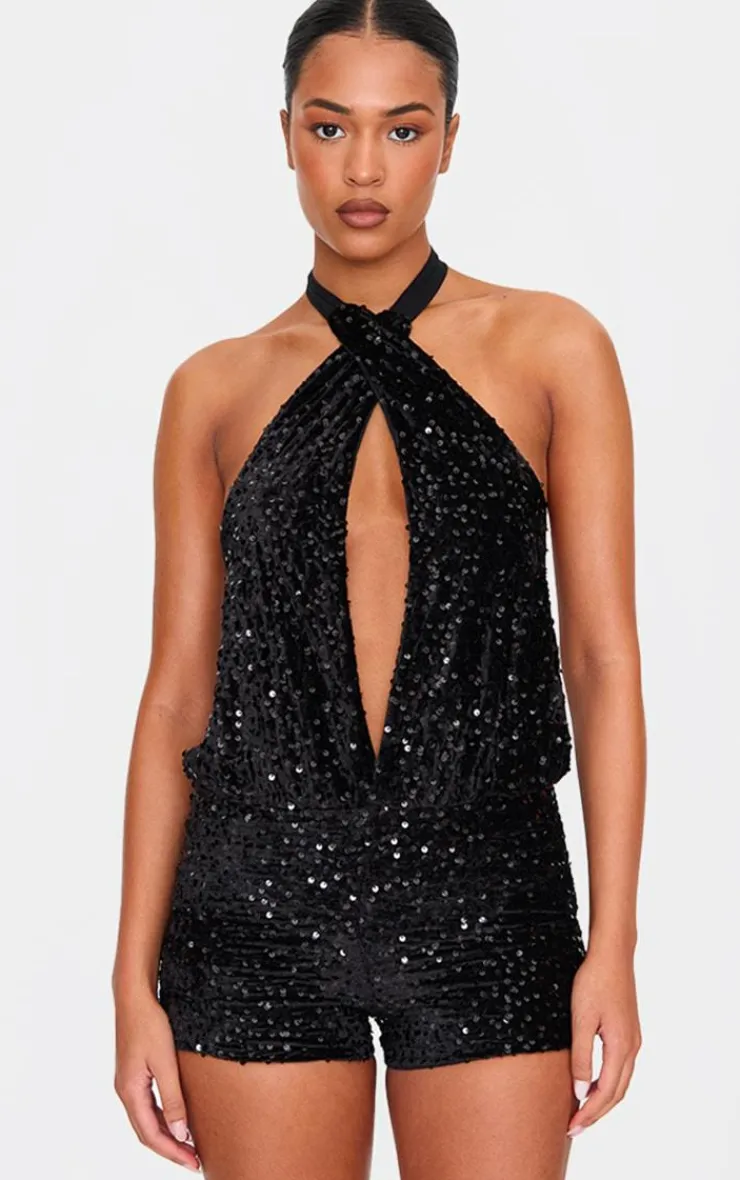 Tall Velvet Sequin Halterneck Romper-PrettyLittleThing Best