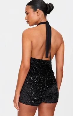 Tall Velvet Sequin Halterneck Romper-PrettyLittleThing Best
