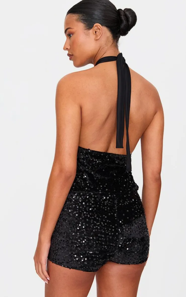 Tall Velvet Sequin Halterneck Romper-PrettyLittleThing Best