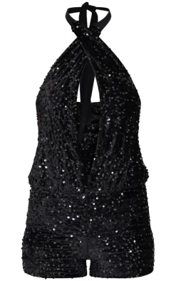 Tall Velvet Sequin Halterneck Romper-PrettyLittleThing Best