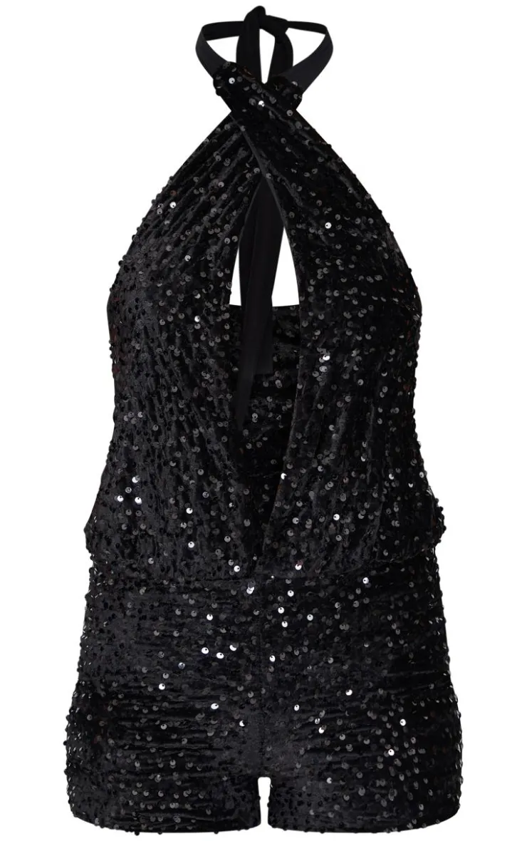 Tall Velvet Sequin Halterneck Romper-PrettyLittleThing Best