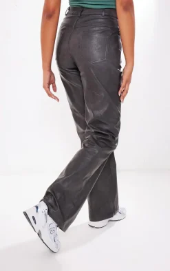 Tall Black Washed Faux Leather Straight Leg Pants