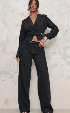 Hot PrettyLittleThing Tall Woven Buckle Detail Wide Leg Pants Black