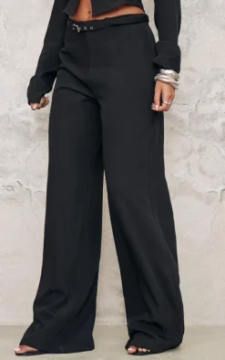 Hot PrettyLittleThing Tall Woven Buckle Detail Wide Leg Pants Black