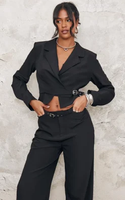 Hot PrettyLittleThing Tall Woven Buckle Detail Wide Leg Pants Black