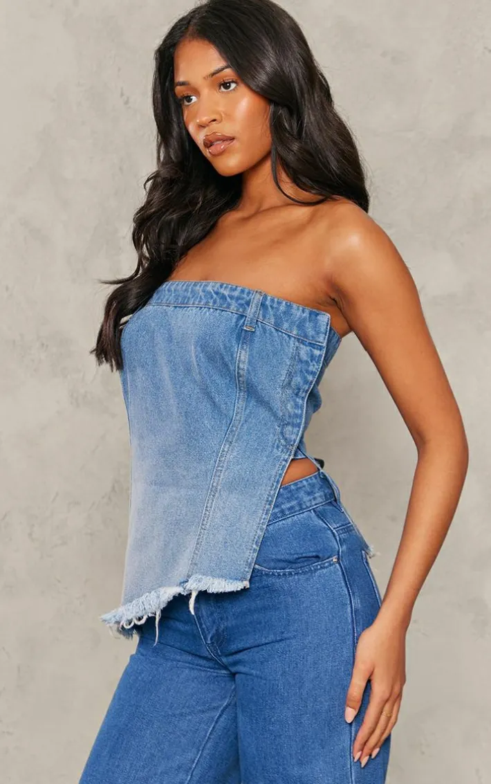 Tall Blue Bandeau Ombre Denim Asymmetric Hem Top