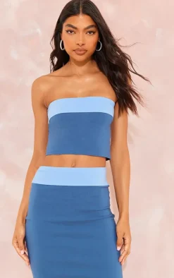 Online PrettyLittleThing Tall Contrast Fold Over Bandeau Top Blue