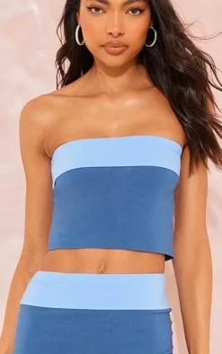 Online PrettyLittleThing Tall Contrast Fold Over Bandeau Top Blue