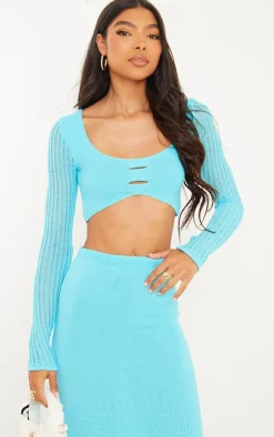 Sale PrettyLittleThing Tall Knitted Long Sleeve Crop Top Blue