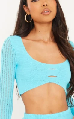 Sale PrettyLittleThing Tall Knitted Long Sleeve Crop Top Blue