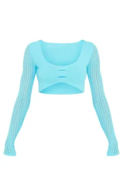 Sale PrettyLittleThing Tall Knitted Long Sleeve Crop Top Blue