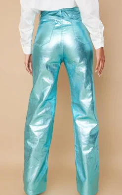 Tall Blue Metallic High Waist Straight Leg Jeans