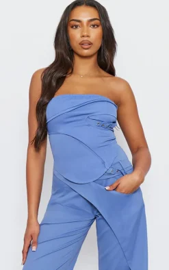 New PrettyLittleThing Tall Tailored Buckle Detail Bandeau Top Blue