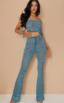 Hot PrettyLittleThing Tall Wave Print Flock Cut Out Strappy Crop Top Blue