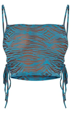 Hot PrettyLittleThing Tall Wave Print Flock Cut Out Strappy Crop Top Blue