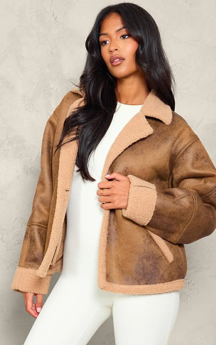 PrettyLittleThing Aviator Jackets*Tall Distressed Look Faux Leather Borg Lined Aviator Jacket