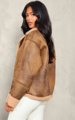 PrettyLittleThing Aviator Jackets*Tall Distressed Look Faux Leather Borg Lined Aviator Jacket