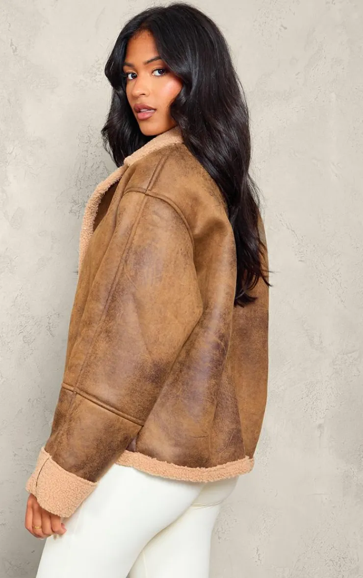 PrettyLittleThing Aviator Jackets*Tall Distressed Look Faux Leather Borg Lined Aviator Jacket