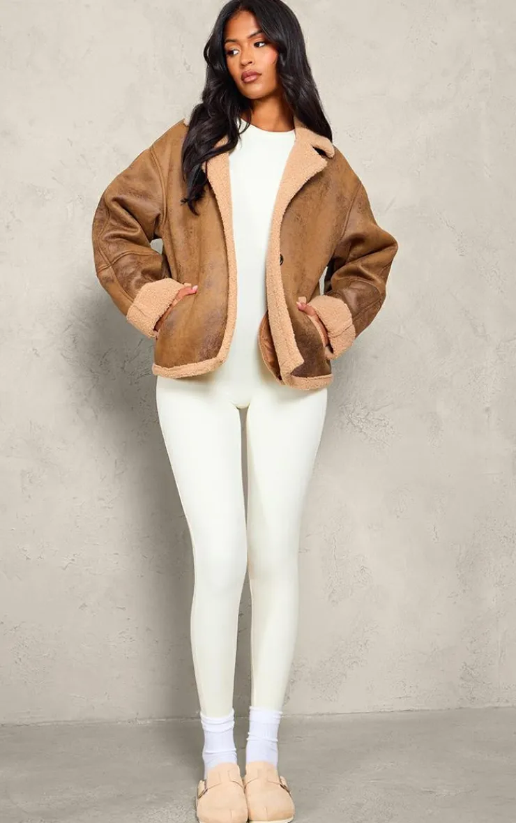 PrettyLittleThing Aviator Jackets*Tall Distressed Look Faux Leather Borg Lined Aviator Jacket