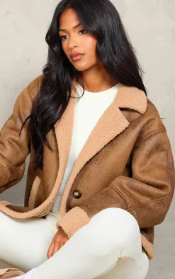 PrettyLittleThing Aviator Jackets*Tall Distressed Look Faux Leather Borg Lined Aviator Jacket