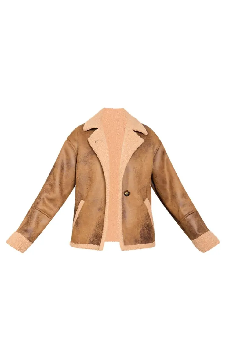 PrettyLittleThing Aviator Jackets*Tall Distressed Look Faux Leather Borg Lined Aviator Jacket