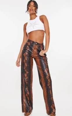 Tall Brown Faux Leather Snake Print Wide Leg Pants