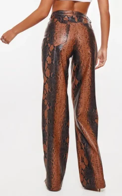 Tall Brown Faux Leather Snake Print Wide Leg Pants