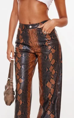 Tall Brown Faux Leather Snake Print Wide Leg Pants