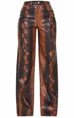 Tall Brown Faux Leather Snake Print Wide Leg Pants
