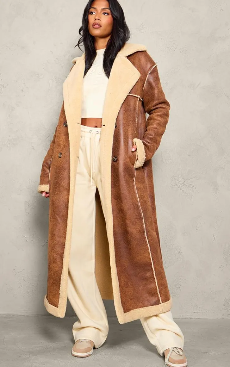 PrettyLittleThing Christmas Shop*Tall Faux Suede Borg Trim Maxi Coat
