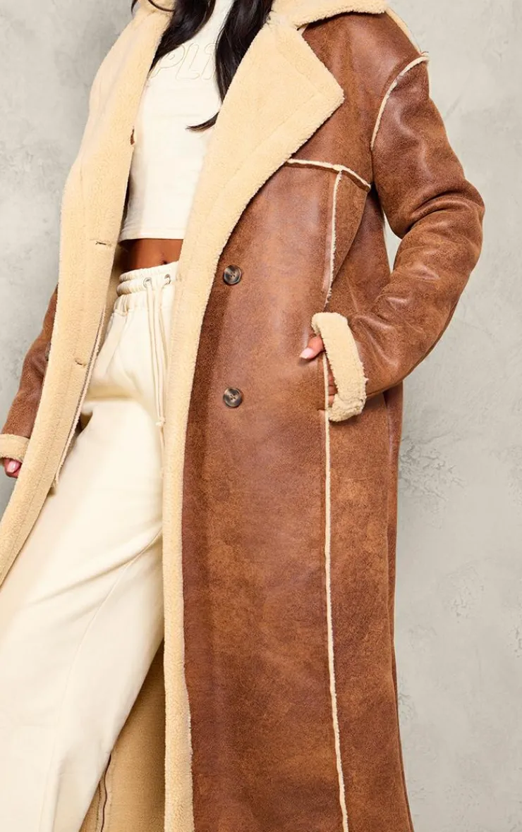 PrettyLittleThing Christmas Shop*Tall Faux Suede Borg Trim Maxi Coat