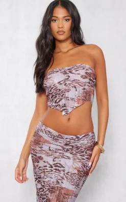 Discount PrettyLittleThing Tall Leopard Print Plisse Ruched Front Crop Top Brown
