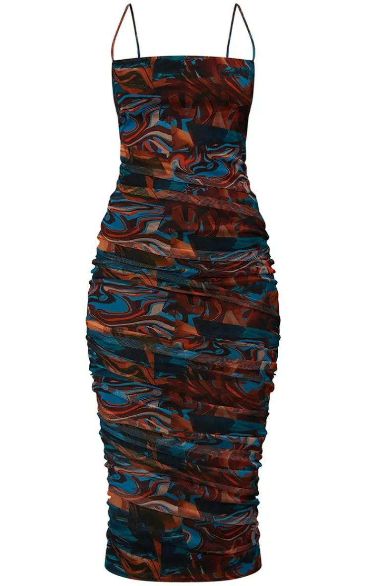 Tall Brown Marble Mesh Ruched Midi Dress-PrettyLittleThing Clearance