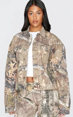 New PrettyLittleThing Tall Multi Printed Denim Jacket Brown