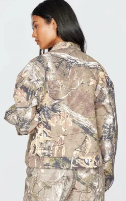 New PrettyLittleThing Tall Multi Printed Denim Jacket Brown