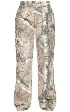 New PrettyLittleThing Tall Multi Printed Mid Rise Wide Leg Jeans Brown