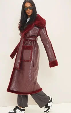 PrettyLittleThing Faux Fur Coats*Tall Vinyl Contrast Faux Fur Midi Coat