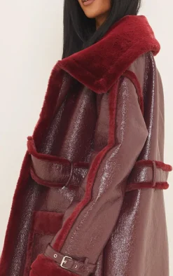 PrettyLittleThing Faux Fur Coats*Tall Vinyl Contrast Faux Fur Midi Coat
