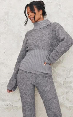 Online PrettyLittleThing Tall Contrast Textured Knit Sweater Charcoal
