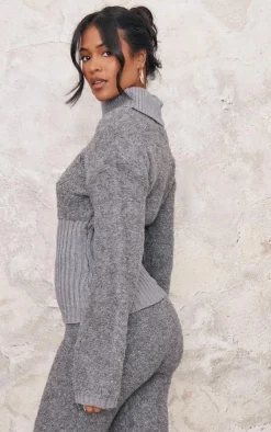 Online PrettyLittleThing Tall Contrast Textured Knit Sweater Charcoal