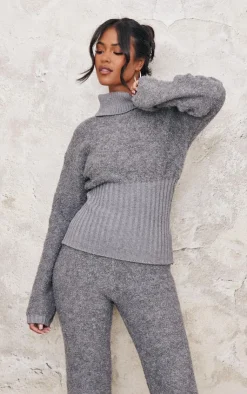 Online PrettyLittleThing Tall Contrast Textured Knit Sweater Charcoal