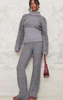 Sale PrettyLittleThing Tall Contrast Textured Knit Pants Charcoal