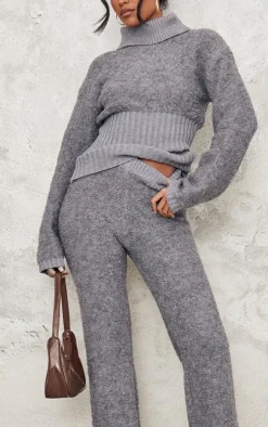 Sale PrettyLittleThing Tall Contrast Textured Knit Pants Charcoal