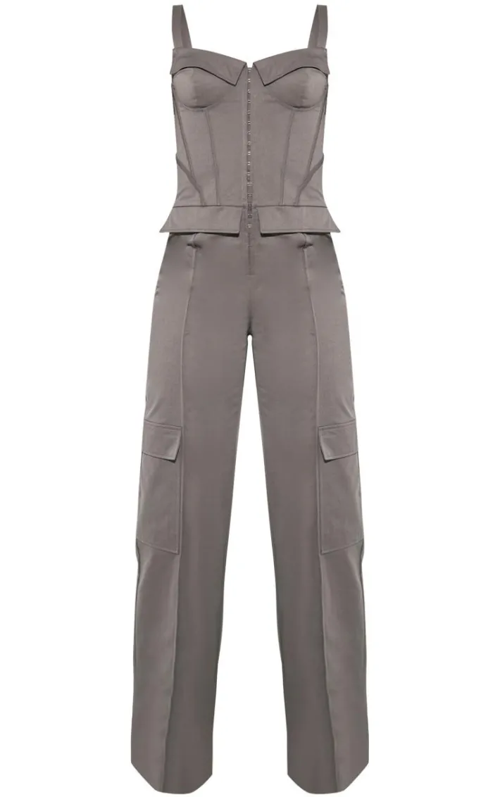 Tall Charcoal Corset Detailed Wide Leg Jumpsuit